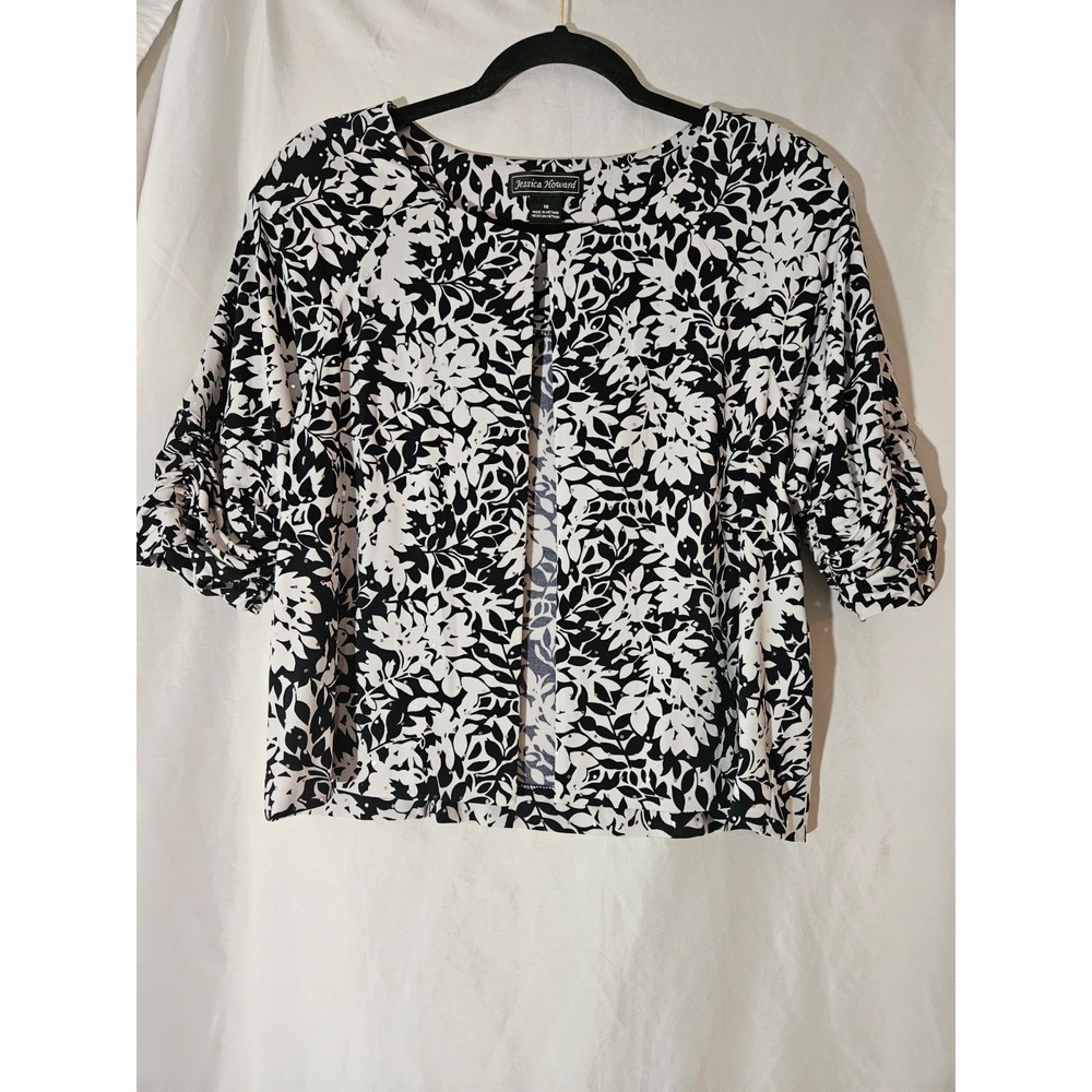 Jessica‎ Howard Womens Black White Floral Sequin Cropped Jacket Size 16 Evening